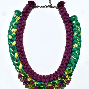 Vibrant Purple and Green Braided Necklace, hand made